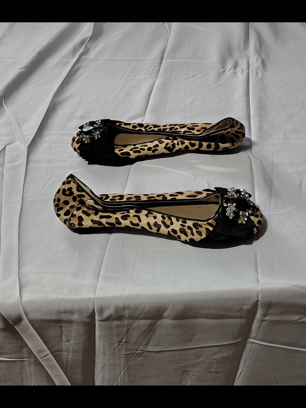Ladies Size 6 Leopard Print Real Fur and Fine Leather Flats with Crystal Brooch
